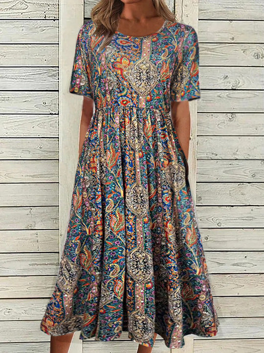 R&B | Rundhalsausschnitt Kurzarm Bohemian Print Kleid Frauen