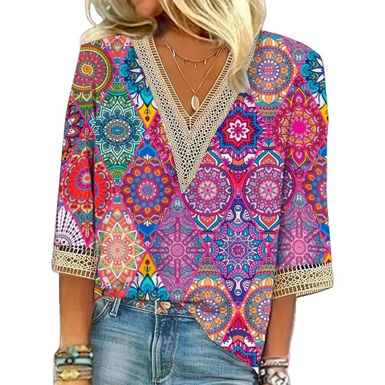 Damen nan locker fallende Mandala-Patchwork-Tunika mit tiefem V-Ausschnitt und Häkelspitzenbesatz R&B