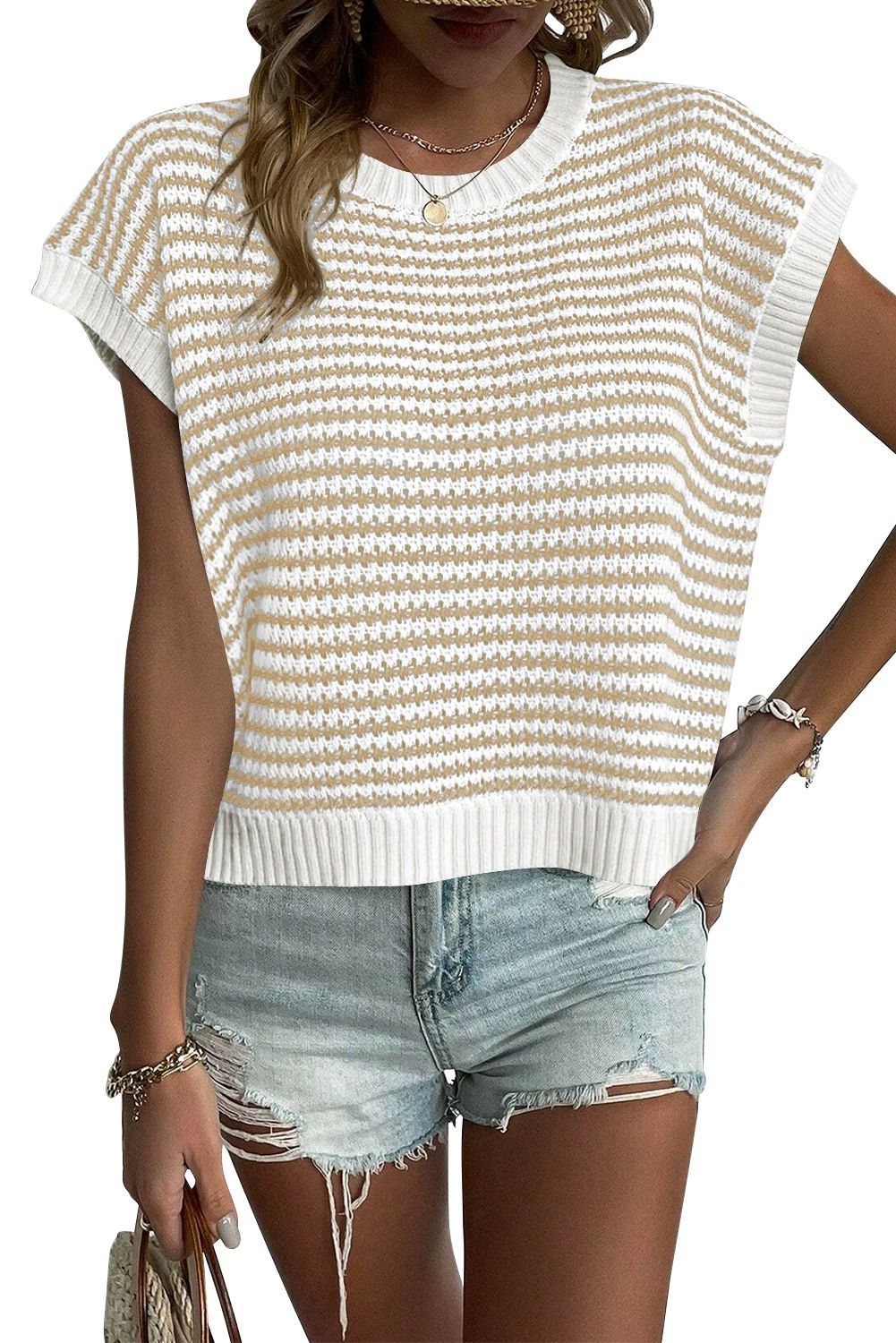 Damen lässiges Strickoberteil mit kurzen Ärmeln und strukturiertem Design R&B