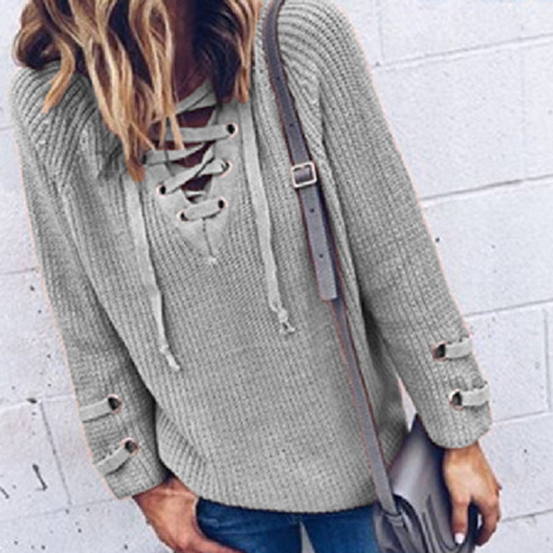 Damen Strickpullover mit dekorativem Schnürdesign und komfortablem Schnitt R&B