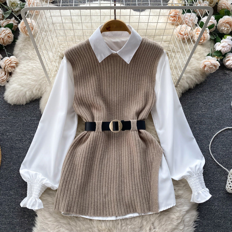 Damen modische Strickweste mit eleganter Hemdunterlage