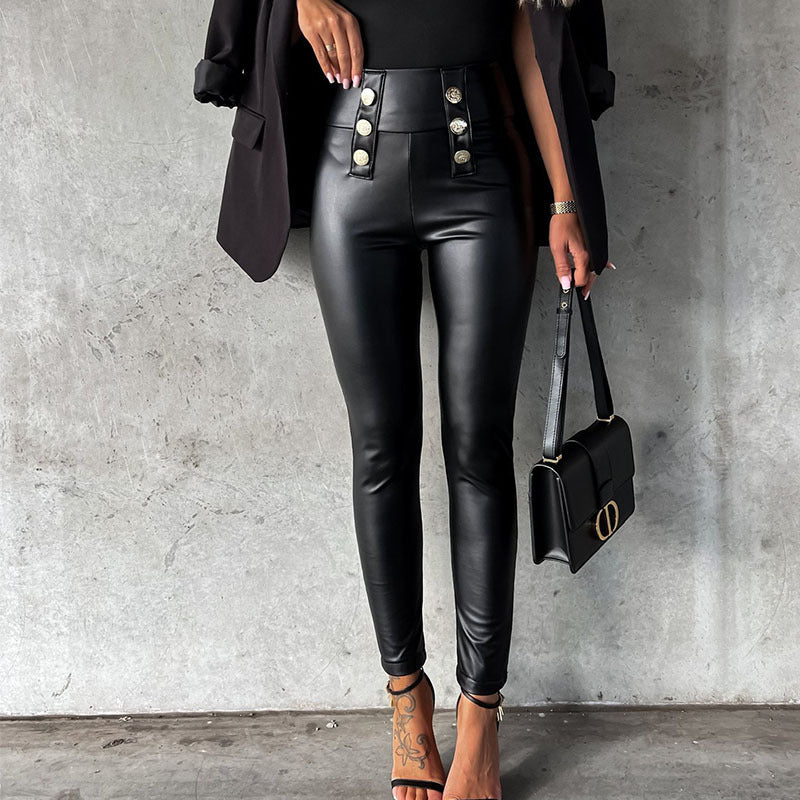 Damen imitat Leggings mit glänzender Oberfläche und dekorativen Knöpfen R&B