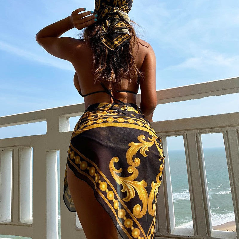 Damen Bikini-Set mit eleganten Verzierungen und modischem Wickeltuch R&B