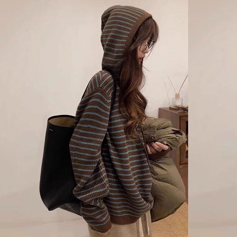 Damen Gemütlicher Kapuzenpullover mit Streifenmuster R&B