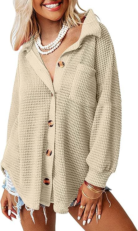 Damen lässige Waffle-Hemdenjacke mit Knopfverschluss R&B