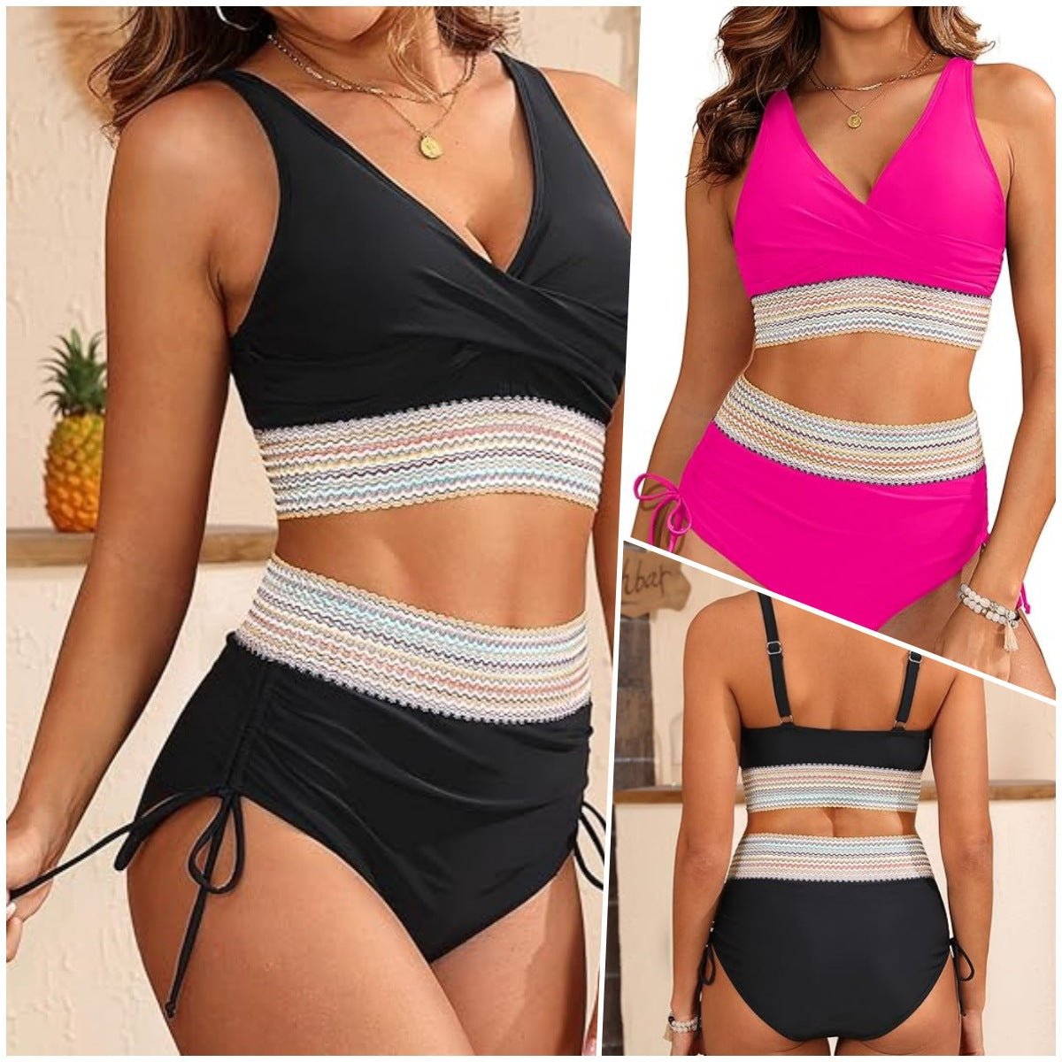 Damen Hoch geschnittenes Bikini-Set mit modischem Wickeloberteil R&B