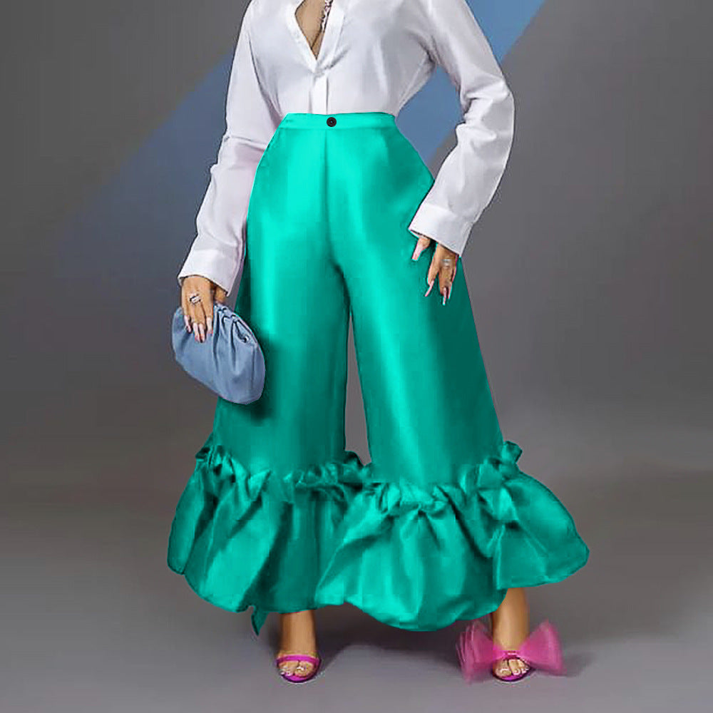 Damen elegante weite Hose mit voluminösem Rüschenabschluss R&B