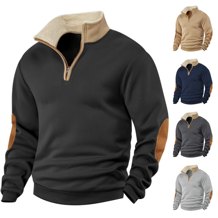 Herren nan Sherpa-gefütterter Halbzip-Pullover mit Stehkragen und Leder-Ellenbogenpatches R&B