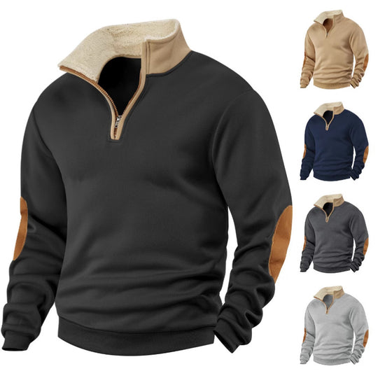 Herren nan Sherpa-gefütterter Halbzip-Pullover mit Stehkragen und Leder-Ellenbogenpatches R&B