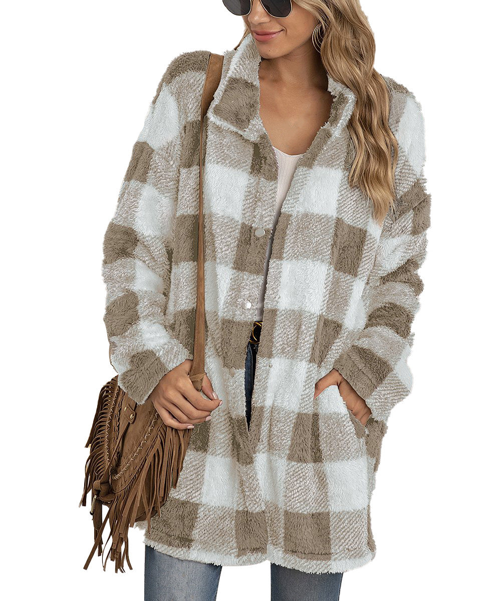 Damen Fleecejacke mit Karomuster und praktischen Taschen
