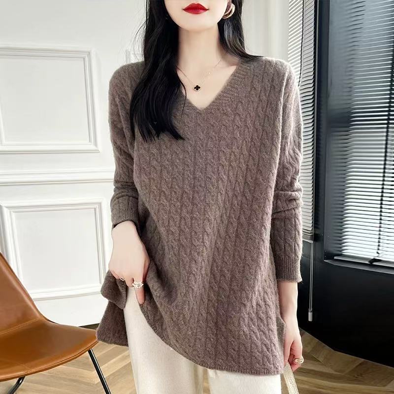 Damen Grobstrickpullover mit V-Ausschnitt und lässigem Schnitt R&B