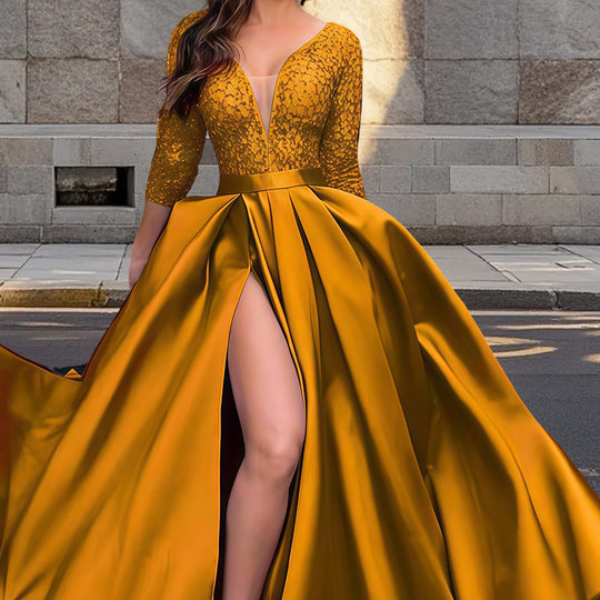 Damen Elegantes Abendkleid mit tiefem V-Ausschnitt und seitlichem Schlitz R&B