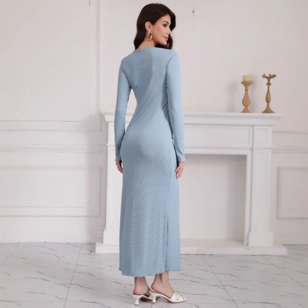 Damen Langarm Maxikleid aus hochwertigem Rippstrickstoff mit elegantem Schlitz R&B