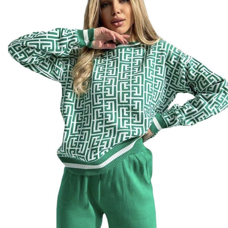 Damen modisches Strick-Loungewear-Set mit grafischem Muster R&B