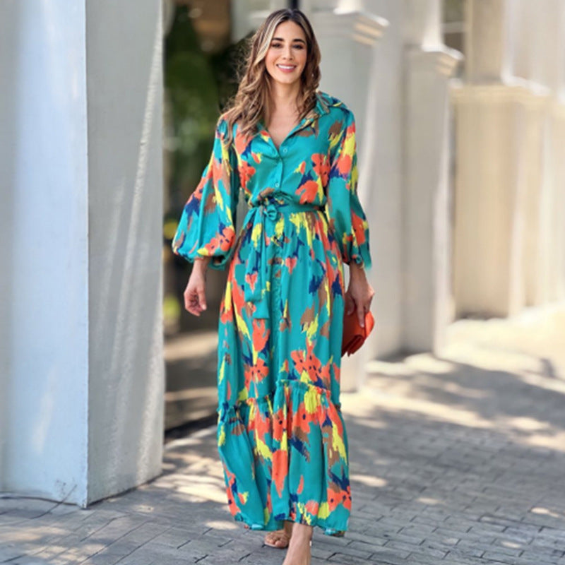 Damen Maxikleid mit floralen Akzenten und elegantem Gürtel R&B