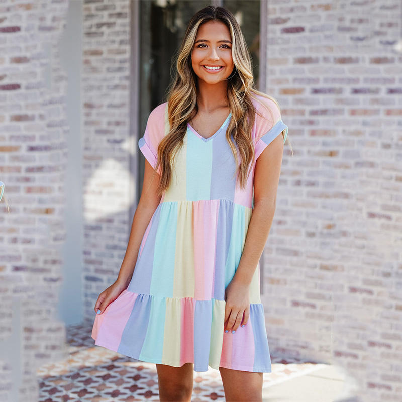 Damen lässiges Kurzarm Kleid mit buntem Streifenmuster R&B