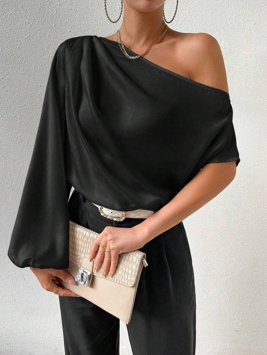 Damen elegante asymmetrische Bluse mit weiten Ärmel R&B