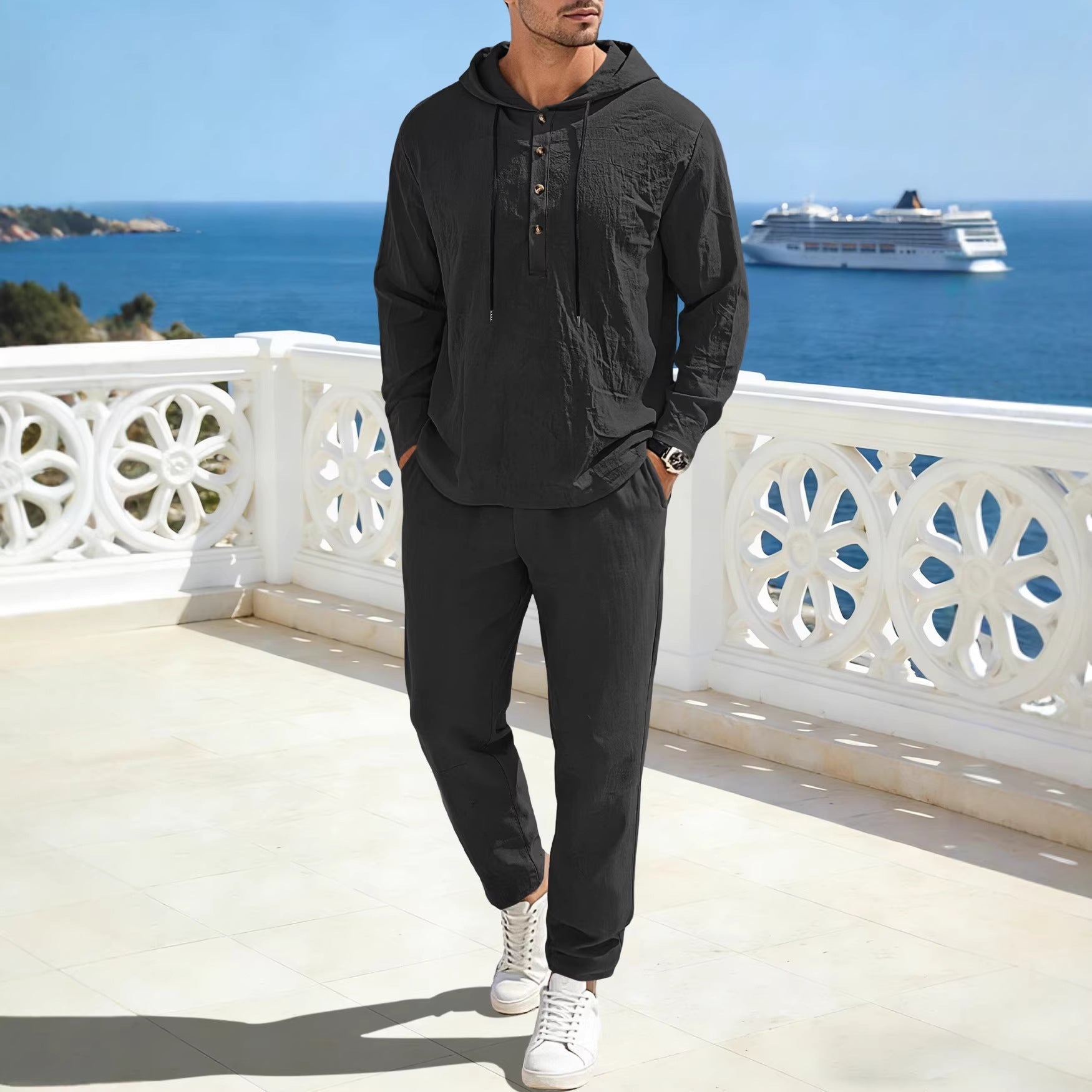 Herren nan entspannter Kapuzen-Henley Freizeitanzug aus leichter Baumwollmischung in Leinenoptik mit Kordelzug und elastischer Bundhose R&B
