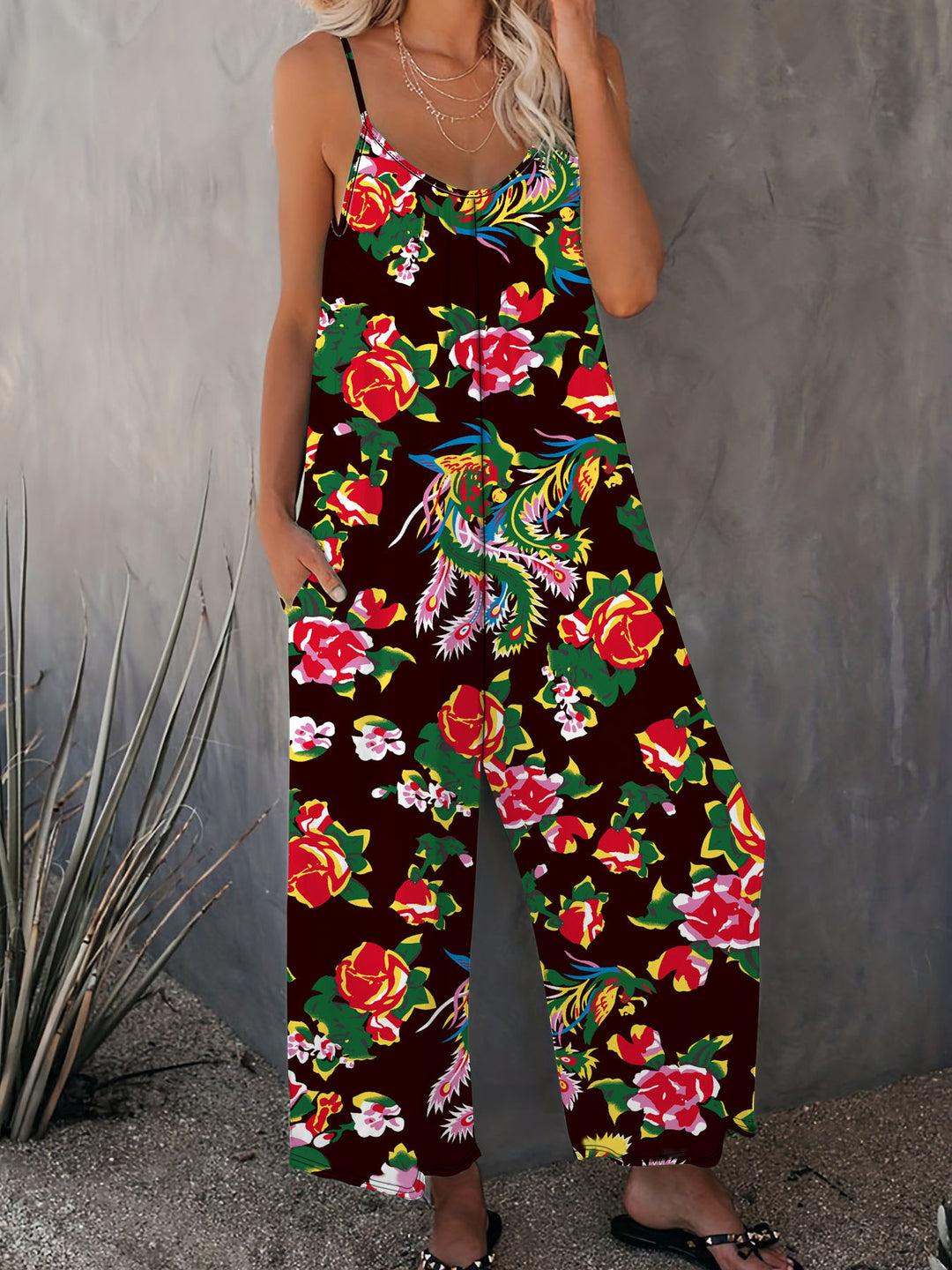 Damen Luftiger Jumpsuit mit floralem Design und verstellbaren Trägern R&B