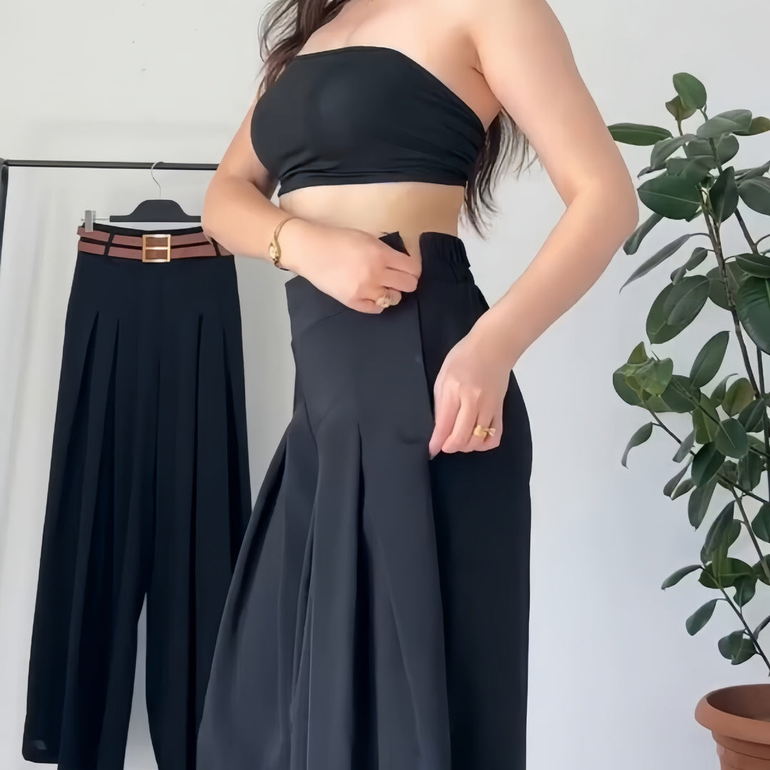 Damen Weite Plissee-Hose mit modernem Gürtel R&B