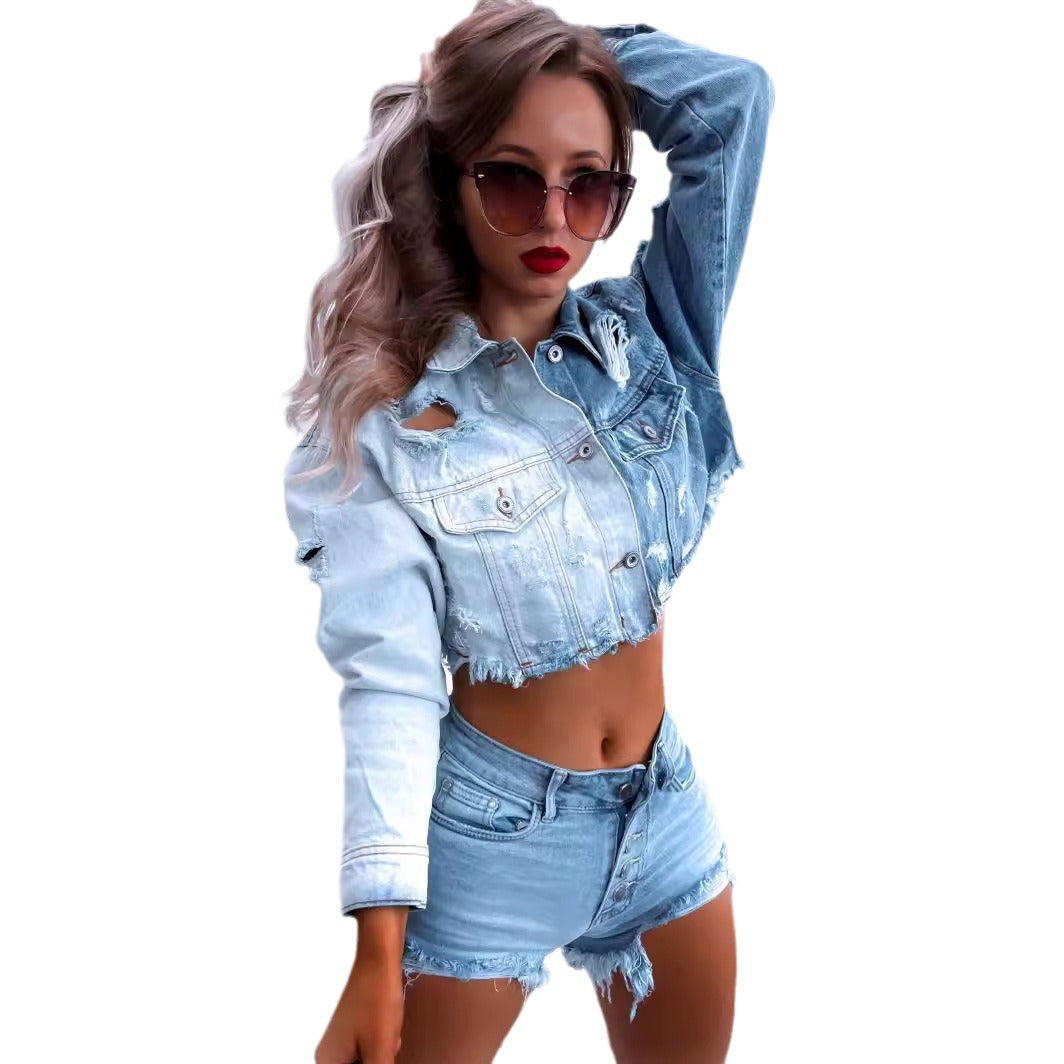 Damen Cropped Denimjacke mit fransigen Details und trendigem Destroyed-Look R&B
