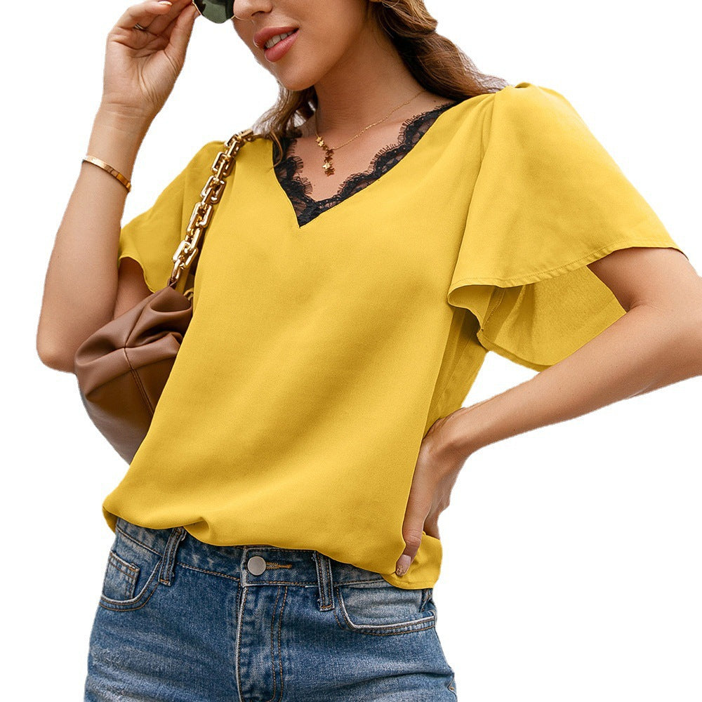 Damen elegantes Oberteil mit Spitzenbesatz und V-Ausschnitt R&B