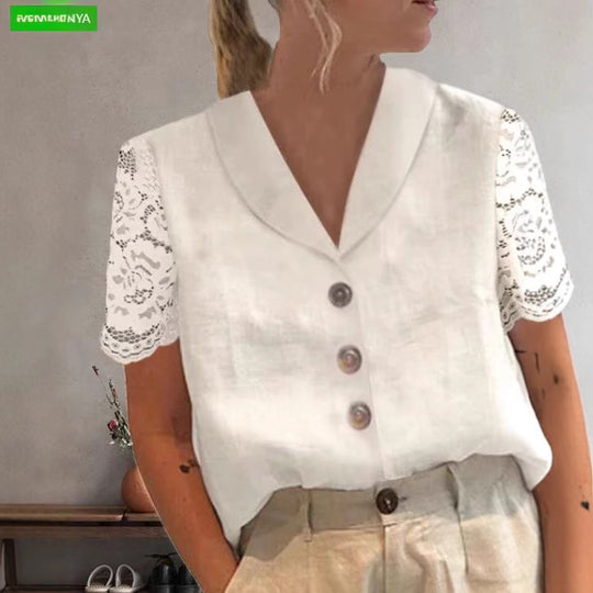Damen Bluse mit Spitzenärmeln und raffinierten Knopfdetails Heidi-Mode