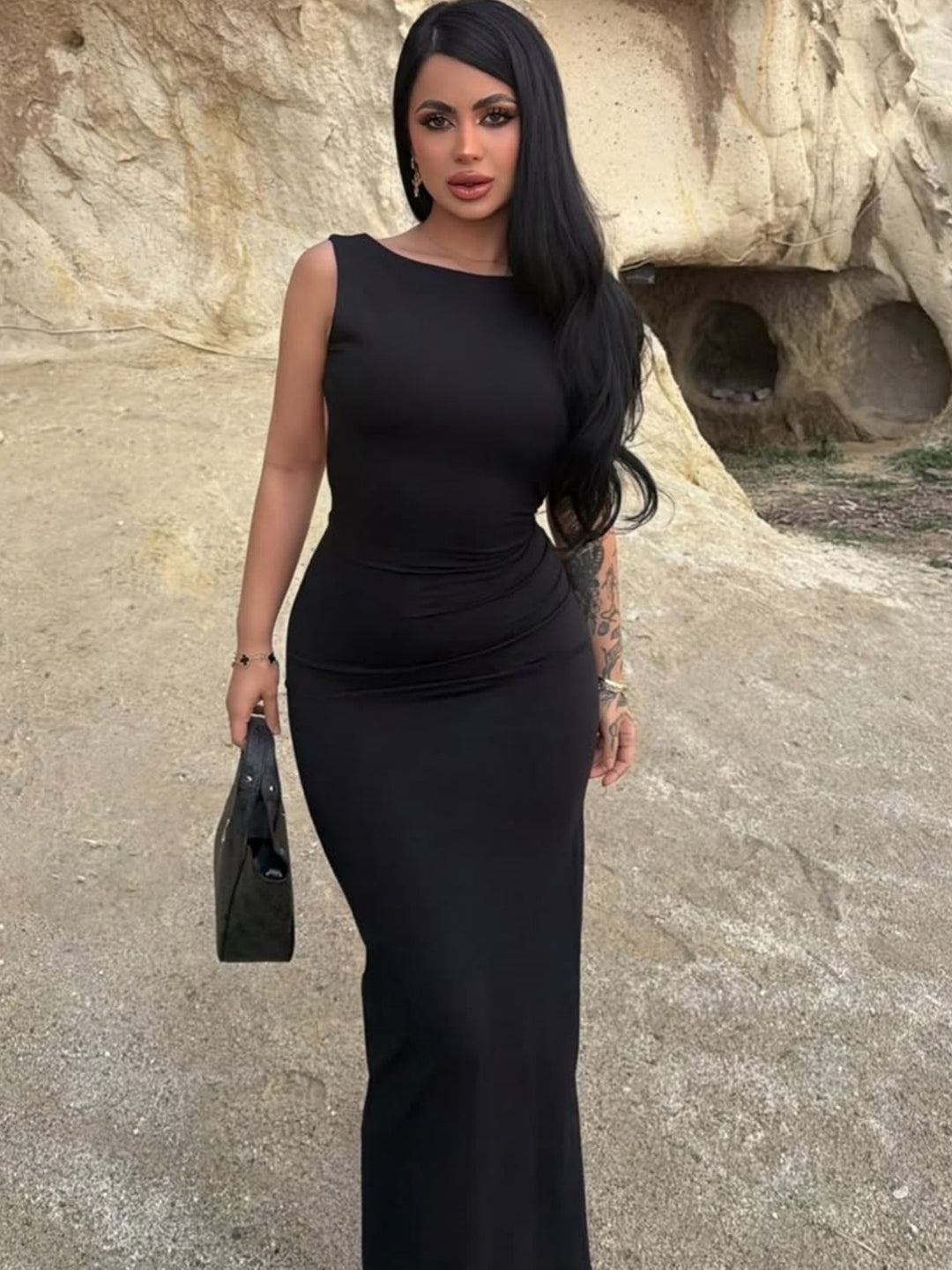 Damen körperbetontes Maxikleid mit schönem U-Boot-Ausschnitt und bequemen Tragekomfort R&B
