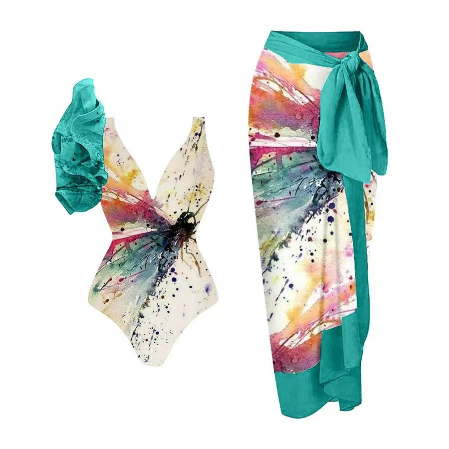 Damen Badeanzug-Set mit floralem Design und elegantem Wickelrock R&B