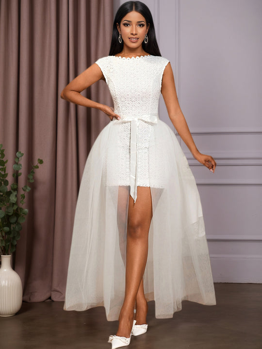 Damen Midi-Brautkleid mit verziertem Oberteil und transparentem Tüll Überrock R&B