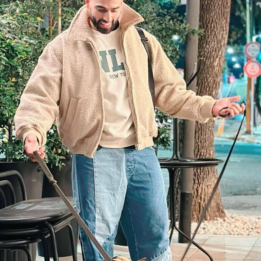 Herren kuschelige Fleecejacke mit hohem Kragen und seitlichen Taschen