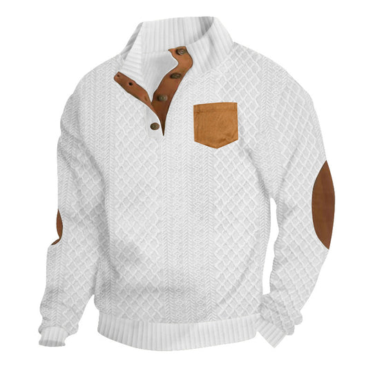 Herren nan Zopfmuster-Strickpullover mit Stehkragen Knopfleiste aufgesetzter Brusttasche und Lederoptik-Ellenbogenpatches R&B