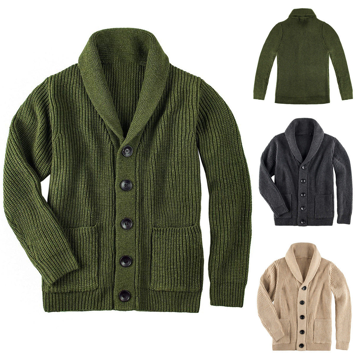 Damen Grobstrick Pulloverjacke mit elegantem Schalkragen und knöpfen R&B