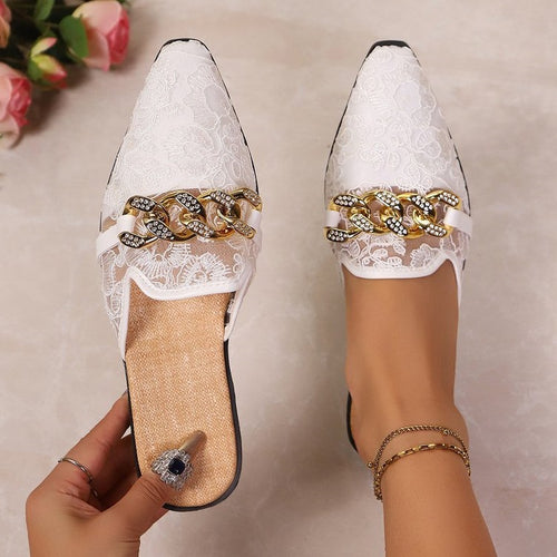 Damen elegante Pantoletten mit glamourösem Ketten-Detail R&B