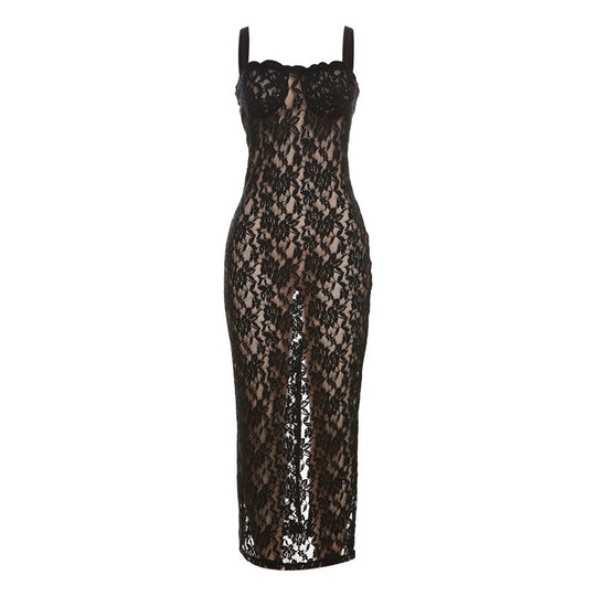 Damen Spitzenkleid mit verführerischem Schlitz und Spaghettiträgern R&B
