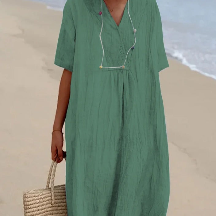 Damen lässiges Midi-Kleid mit V-Ausschnitt und bequemen Kurzärmeln R&B