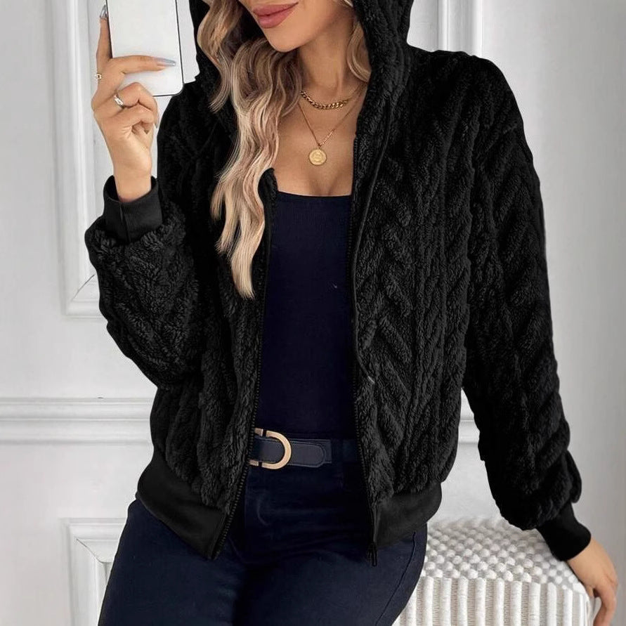 Damen modische Plüschjacke mit Kapuze und gerippten Bündchen R&B