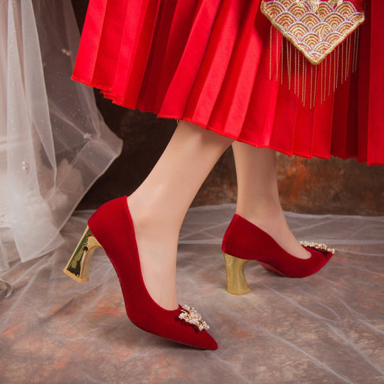 Damen elegante Velours-Pumps mit luxuriösem Perlen-Schmuckdetail R&B