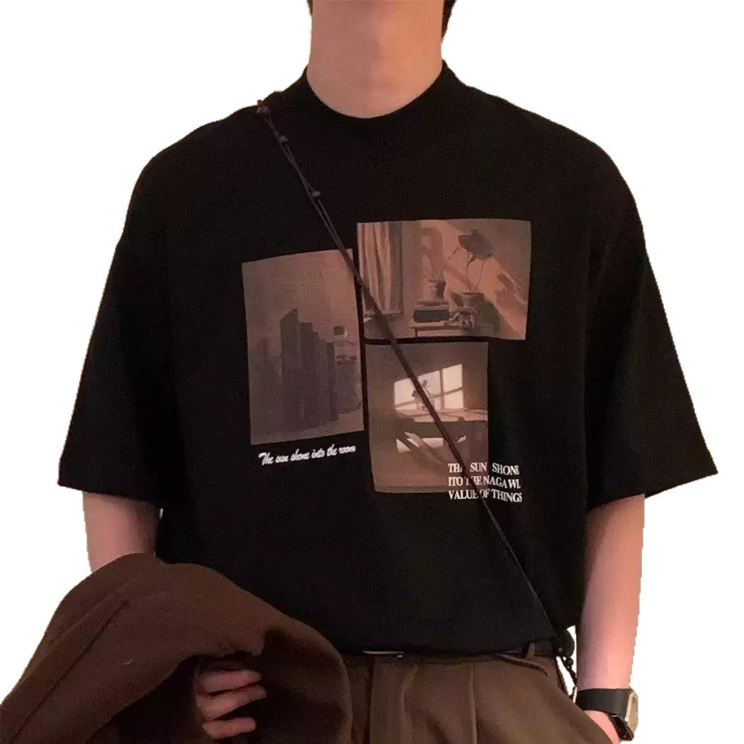 Damen modisches Kurzarm-T-Shirt mit kreativem Fotodruck und lockerer Passform