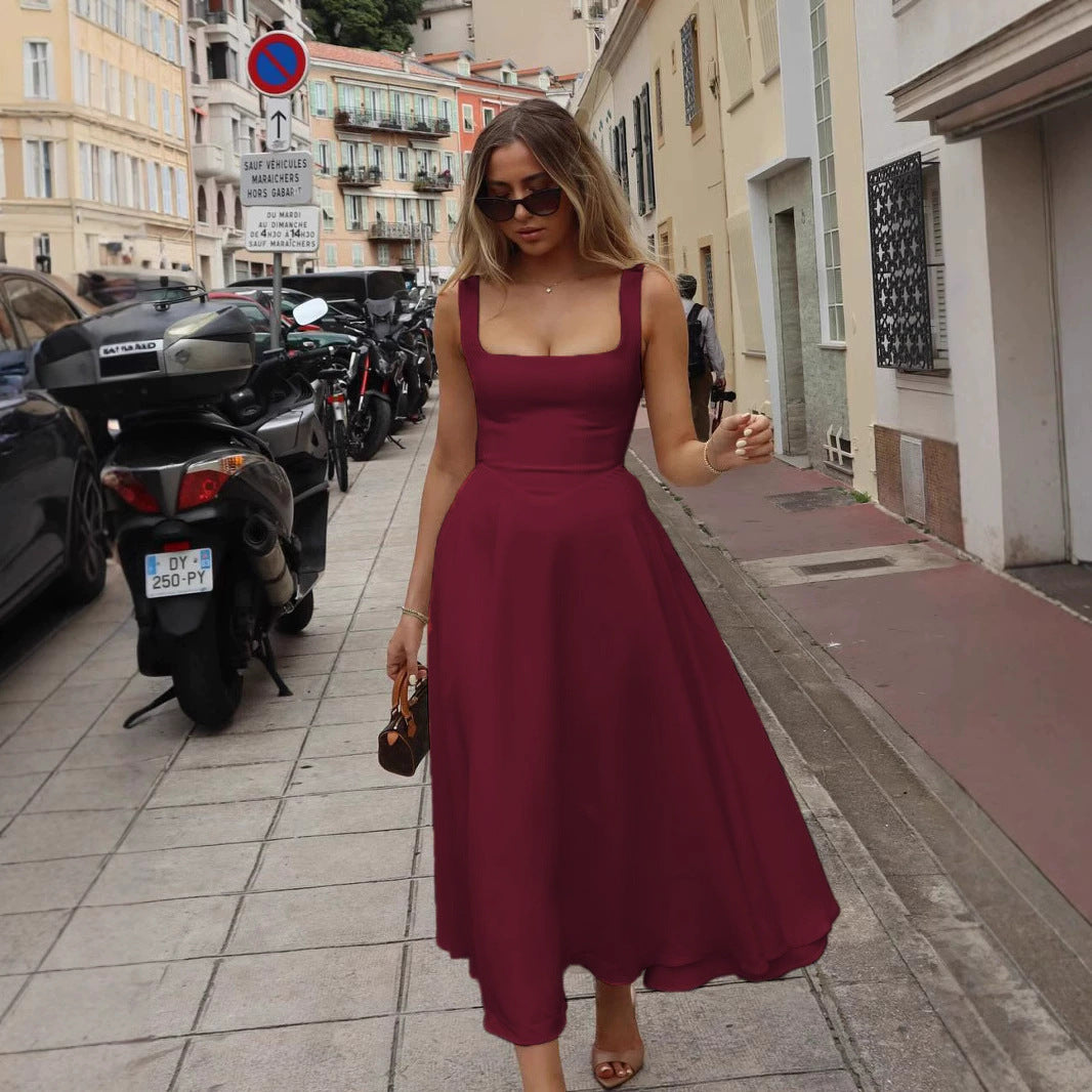 Damen Elegantes Maxikleid mit quadratischem Ausschnitt und fließendem Rock R&B
