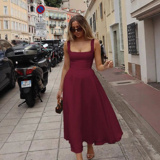 Damen Elegantes Maxikleid mit quadratischem Ausschnitt und fließendem Rock R&B