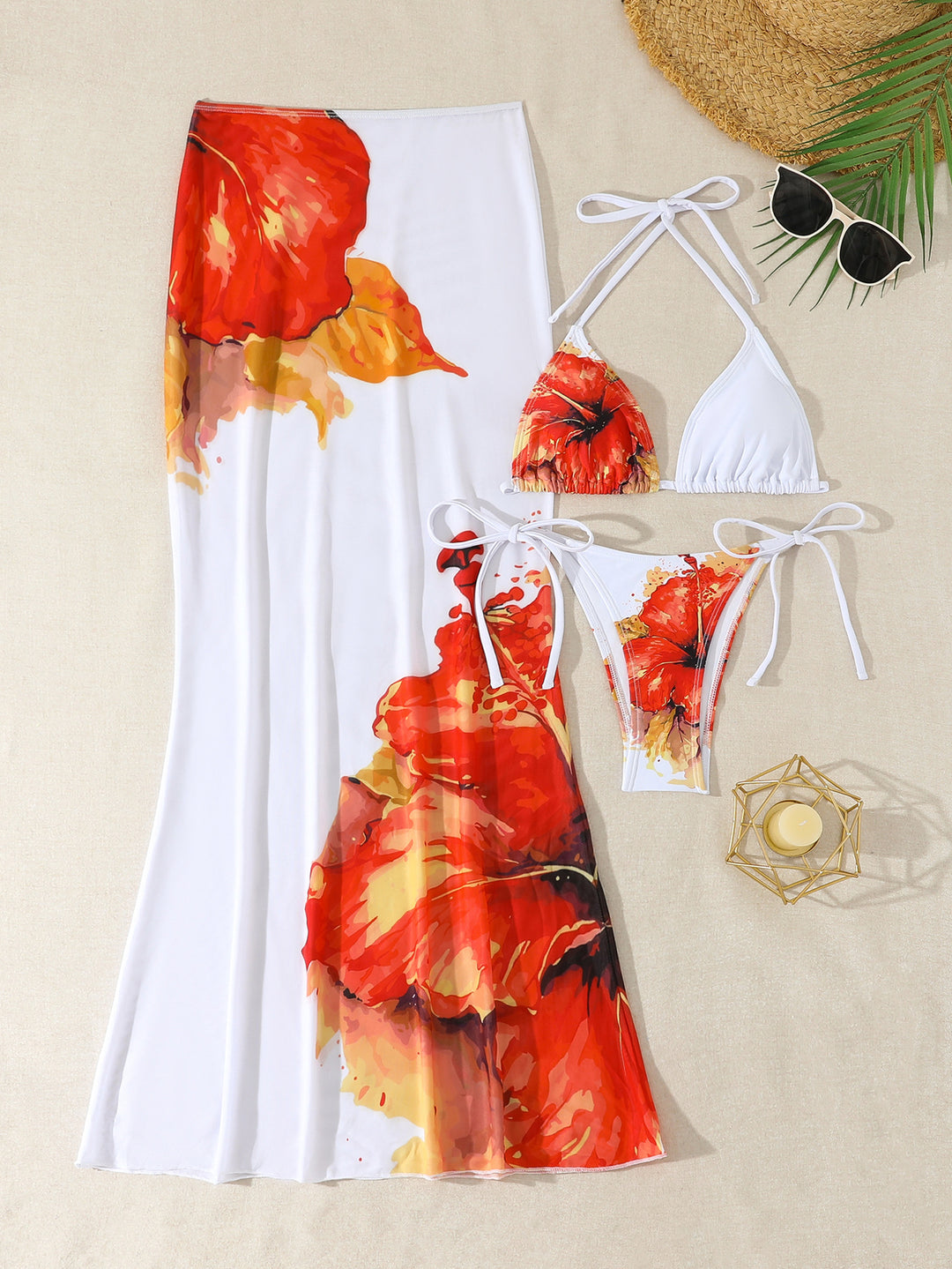 Damen Strandkleid mit blühendem Bikini-Set R&B