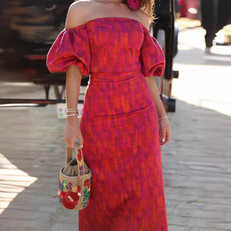 Damen figurbetontes Maxikleid mit Puffärmeln und elegantem V-Ausschnitt R&B