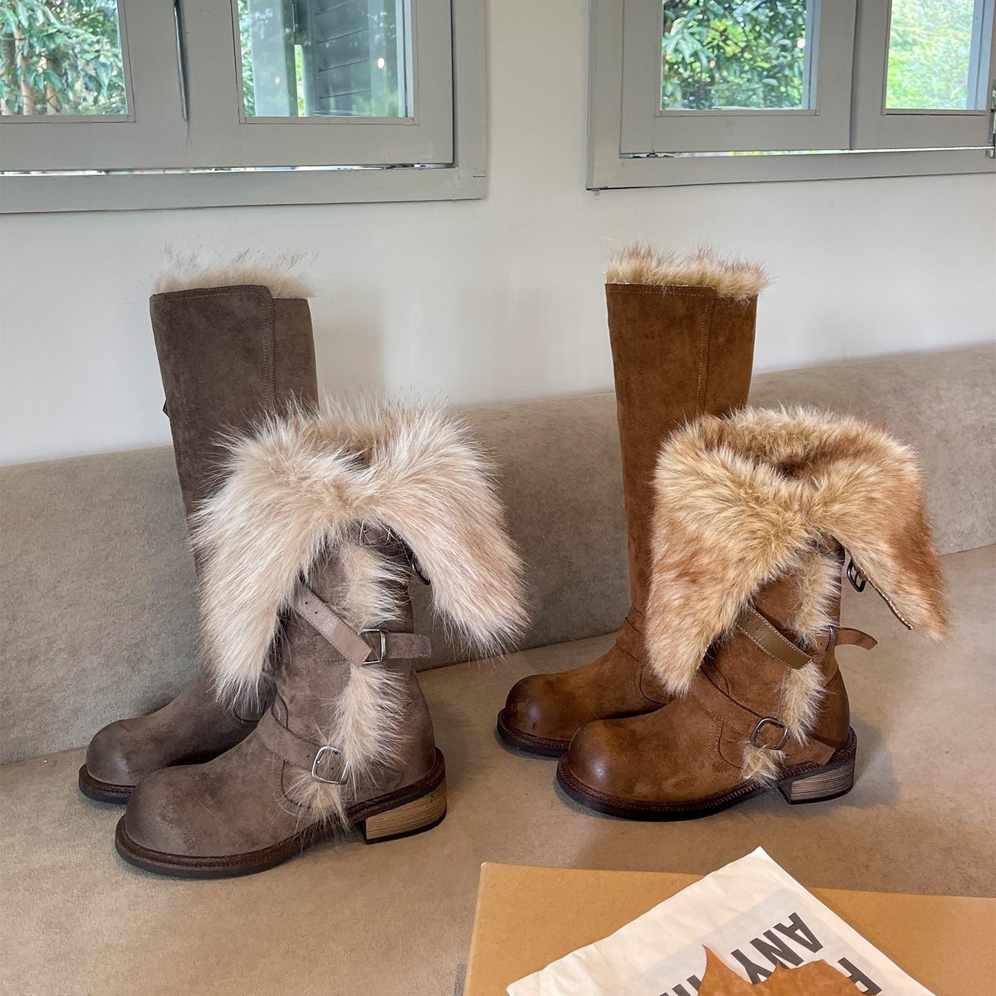 Damen elegante Winterstiefel mit modischem Kunstfellrand und praktischen Schnallen R&B