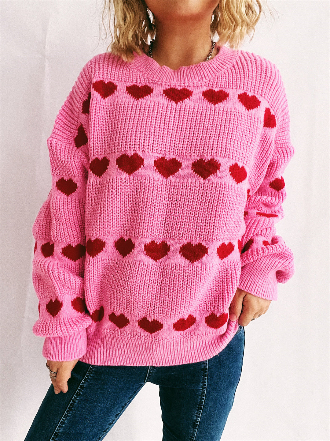 Damen gemütlicher Herzmuster-Strickpullover mit weiten Ärmeln R&B