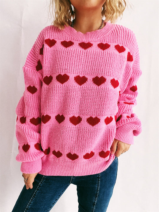 Damen gemütlicher Herzmuster-Strickpullover mit weiten Ärmeln R&B