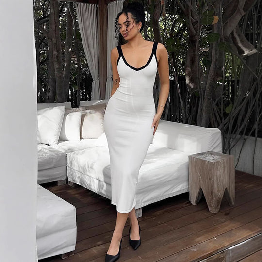 Damen figurbetontes Kleid mit tiefem V-Ausschnitt R&B