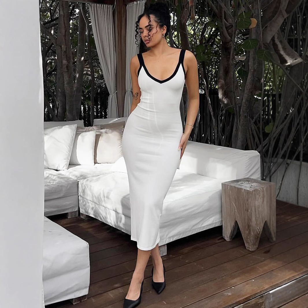 Damen Figurbetontes Midikleid mit tiefem V-Ausschnitt und kontrastierenden Trägern R&B