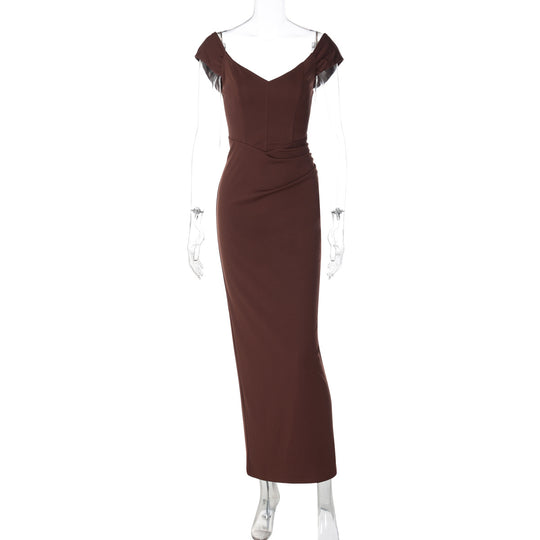 Damen Elegantes Maxikleid mit verführerischem V-Ausschnitt und transparenten Ärmeln R&B