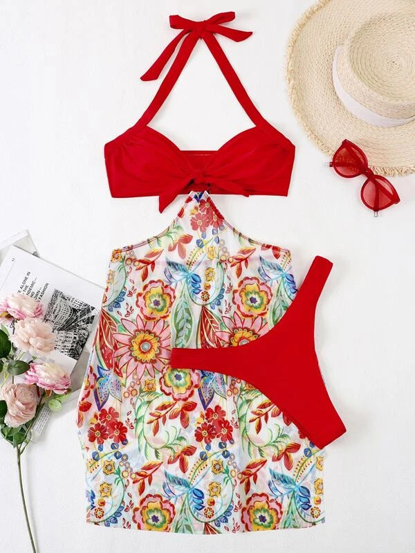 Damen Bikini-Set mit verspieltem Knotendesign und floralem Wickelrock R&B